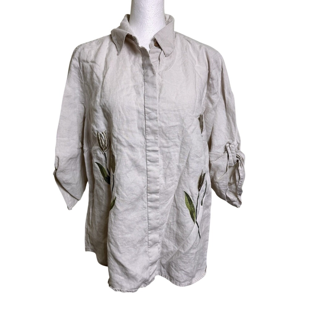 Sag Harbor Embroidered Floral 100% Linen Cottagecore Button Up Shirt Medium